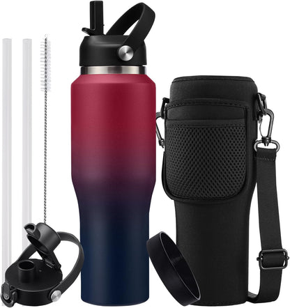 40 OZ Water-Bottle Fit Car Cup-Holder - Double Wall Vacuum Insulated Thermal with Lid and Straw, Stainless Steel Cup 40oz with Carrying Case, for Travel Drive