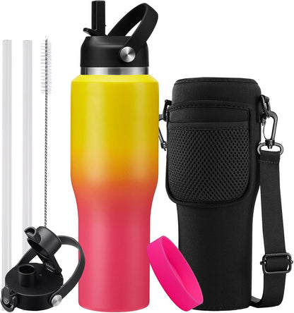 40 OZ Water-Bottle Fit Car Cup-Holder - Double Wall Vacuum Insulated Thermal with Lid and Straw, Stainless Steel Cup 40oz with Carrying Case, for Travel Drive