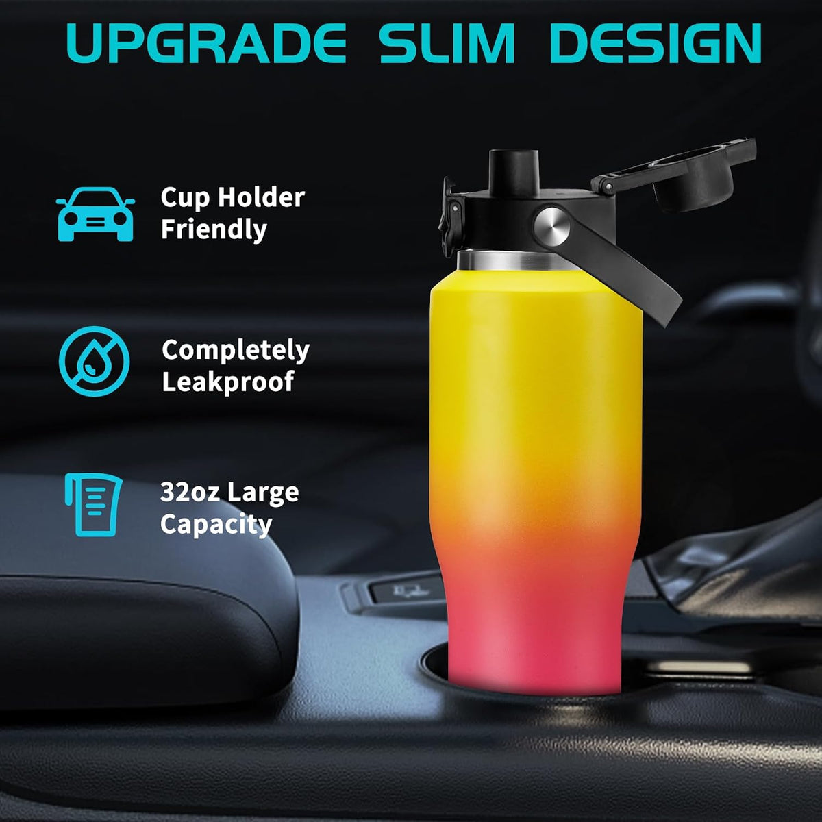 40 OZ Water-Bottle Fit Car Cup-Holder - Double Wall Vacuum Insulated Thermal with Lid and Straw, Stainless Steel Cup 40oz with Carrying Case, for Travel Drive