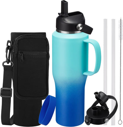 40 OZ Water-Bottle Fit Car Cup-Holder - Double Wall Vacuum Insulated Thermal with Lid and Straw, Stainless Steel Cup 40oz with Carrying Case, for Travel Drive