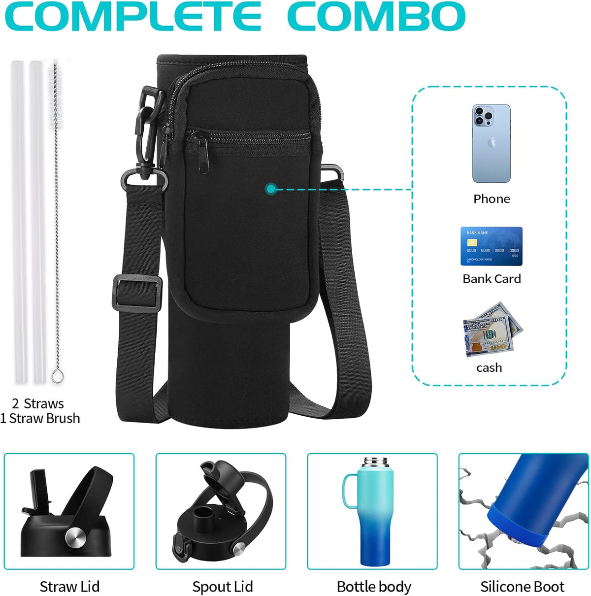 40 OZ Water-Bottle Fit Car Cup-Holder - Double Wall Vacuum Insulated Thermal with Lid and Straw, Stainless Steel Cup 40oz with Carrying Case, for Travel Drive