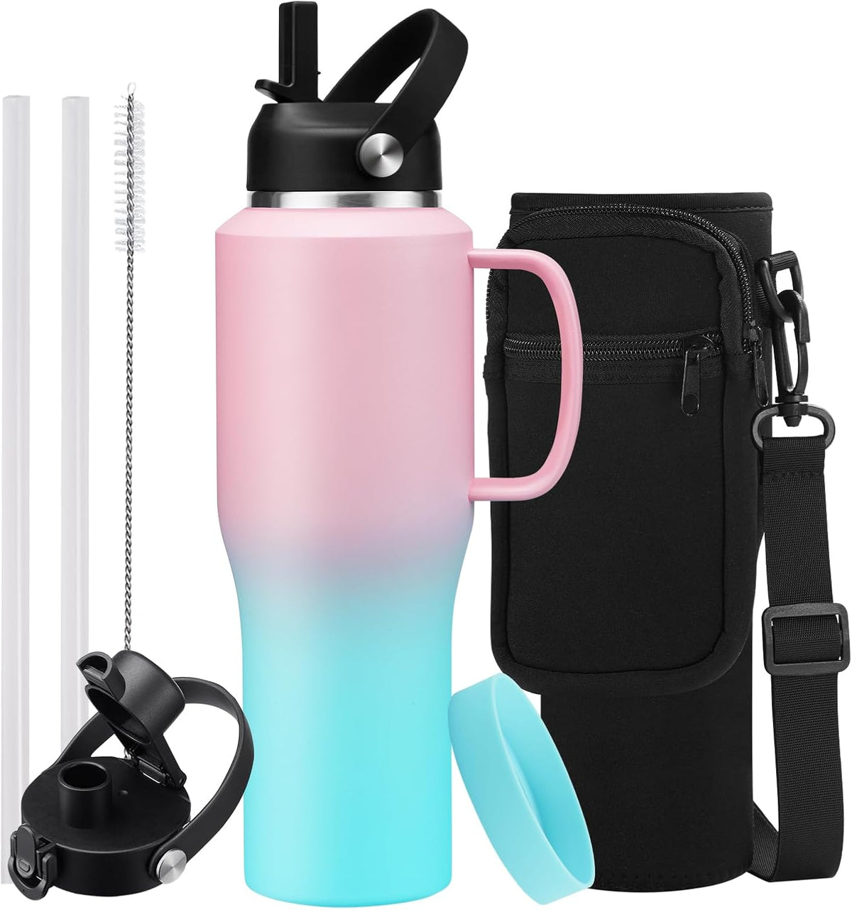 40 OZ Water-Bottle Fit Car Cup-Holder - Double Wall Vacuum Insulated Thermal with Lid and Straw, Stainless Steel Cup 40oz with Carrying Case, for Travel Drive