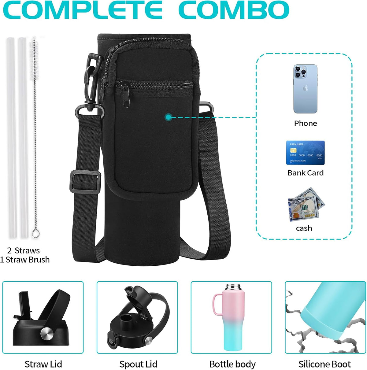 40 OZ Water-Bottle Fit Car Cup-Holder - Double Wall Vacuum Insulated Thermal with Lid and Straw, Stainless Steel Cup 40oz with Carrying Case, for Travel Drive