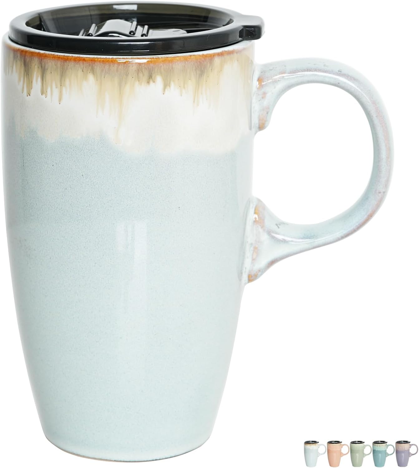 Ceramic Travel Coffee Mug with Handle and Lid, 18 oz, Portable Coffee Cup for Car Cup Holder, Microwave and Dishwasher Safe, Reactive Glaze (Light Orange)