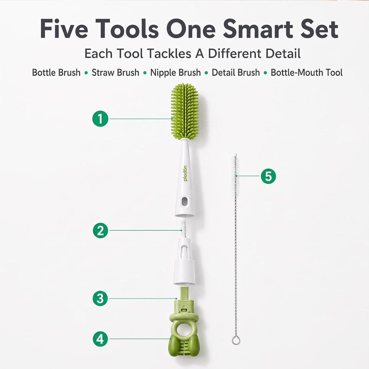5-in-1 Long-Handle Silicone Baby Bottle Brush Set with Straw Cleaner