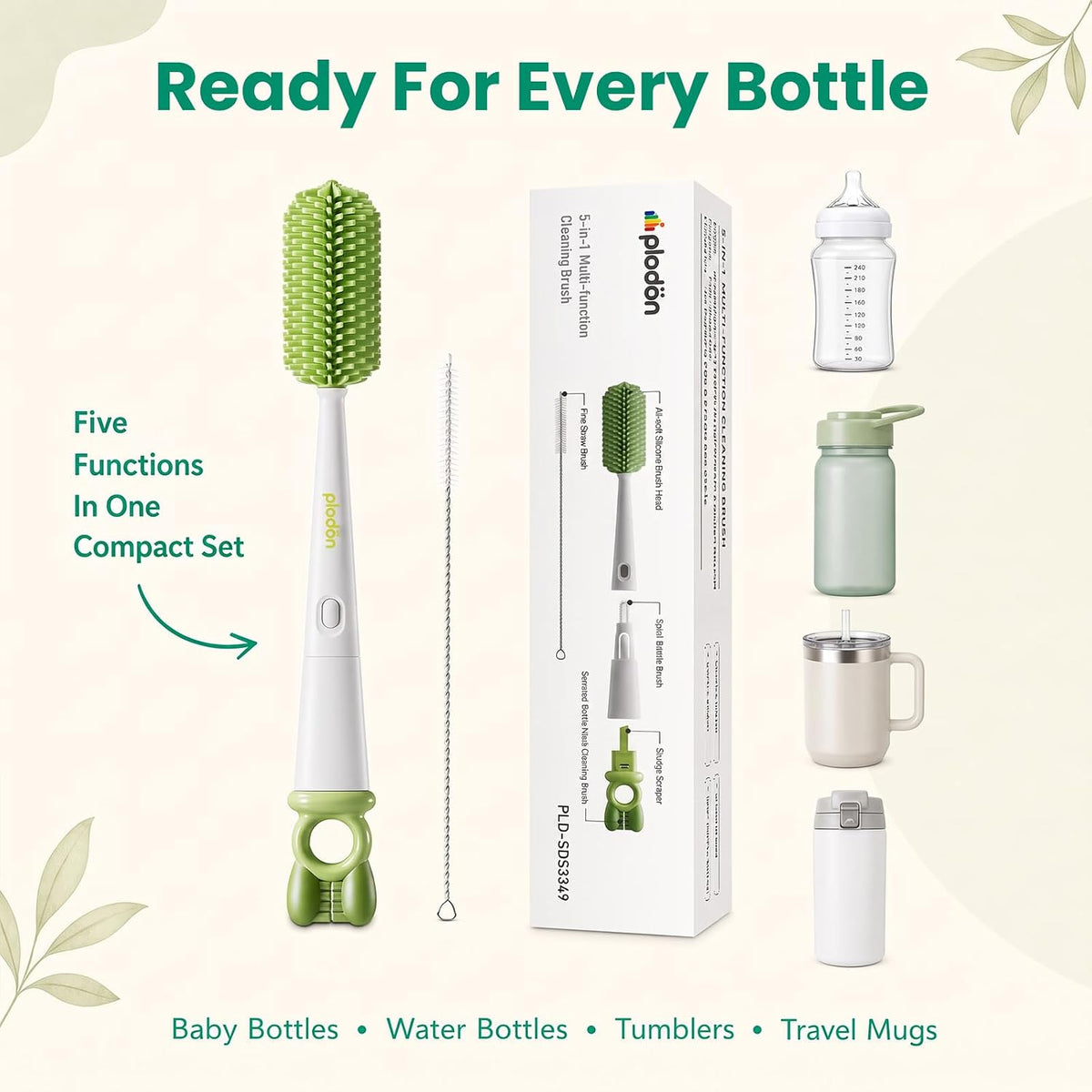 5-in-1 Long-Handle Silicone Baby Bottle Brush Set with Straw Cleaner