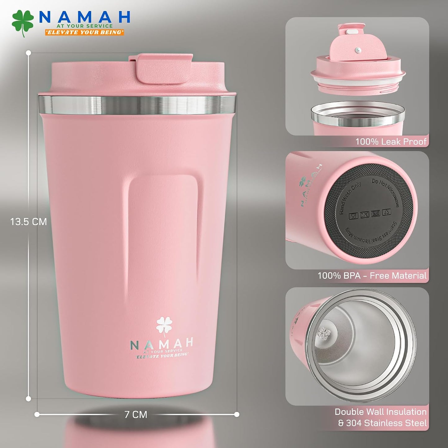NAMAH® 12oz Insulated Stainless Steel Coffee Mug with Lid – Double Wall Vacuum Insulated Travel Cup for Hot & Cold Drinks – Leakproof Reusable Tumbler for Coffee, Tea & Cocoa – Tangy Vibe