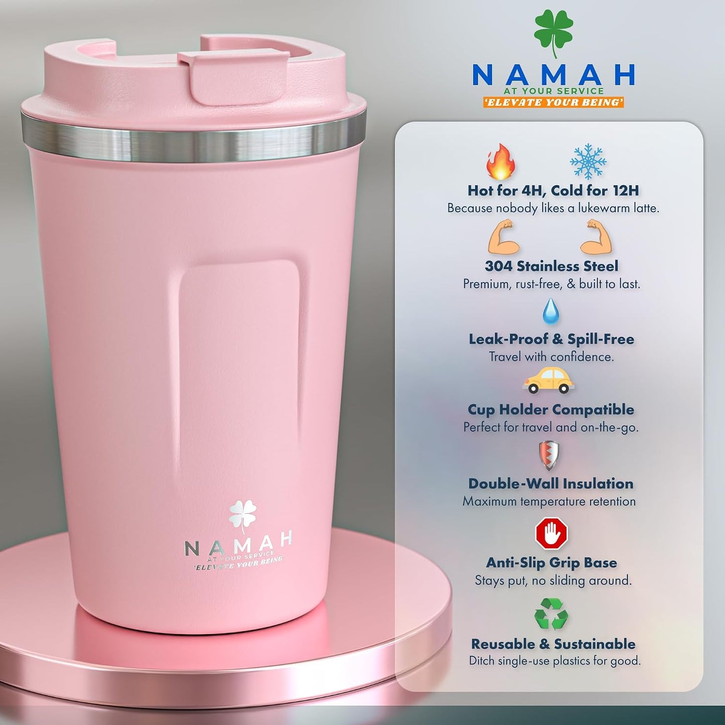 NAMAH® 12oz Insulated Stainless Steel Coffee Mug with Lid – Double Wall Vacuum Insulated Travel Cup for Hot & Cold Drinks – Leakproof Reusable Tumbler for Coffee, Tea & Cocoa – Tangy Vibe