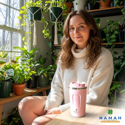 NAMAH® 12oz Insulated Stainless Steel Coffee Mug with Lid – Double Wall Vacuum Insulated Travel Cup for Hot & Cold Drinks – Leakproof Reusable Tumbler for Coffee, Tea & Cocoa – Tangy Vibe