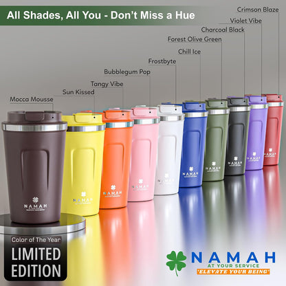 NAMAH® 12oz Insulated Stainless Steel Coffee Mug with Lid – Double Wall Vacuum Insulated Travel Cup for Hot & Cold Drinks – Leakproof Reusable Tumbler for Coffee, Tea & Cocoa – Tangy Vibe