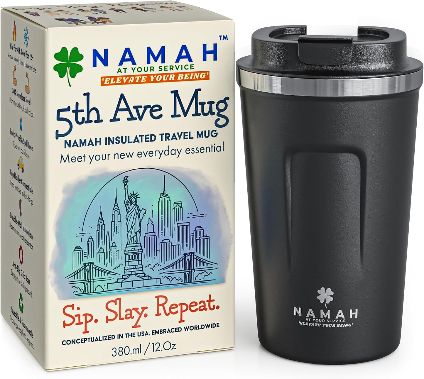 NAMAH® 12oz Insulated Stainless Steel Coffee Mug with Lid – Double Wall Vacuum Insulated Travel Cup for Hot & Cold Drinks – Leakproof Reusable Tumbler for Coffee, Tea & Cocoa – Tangy Vibe