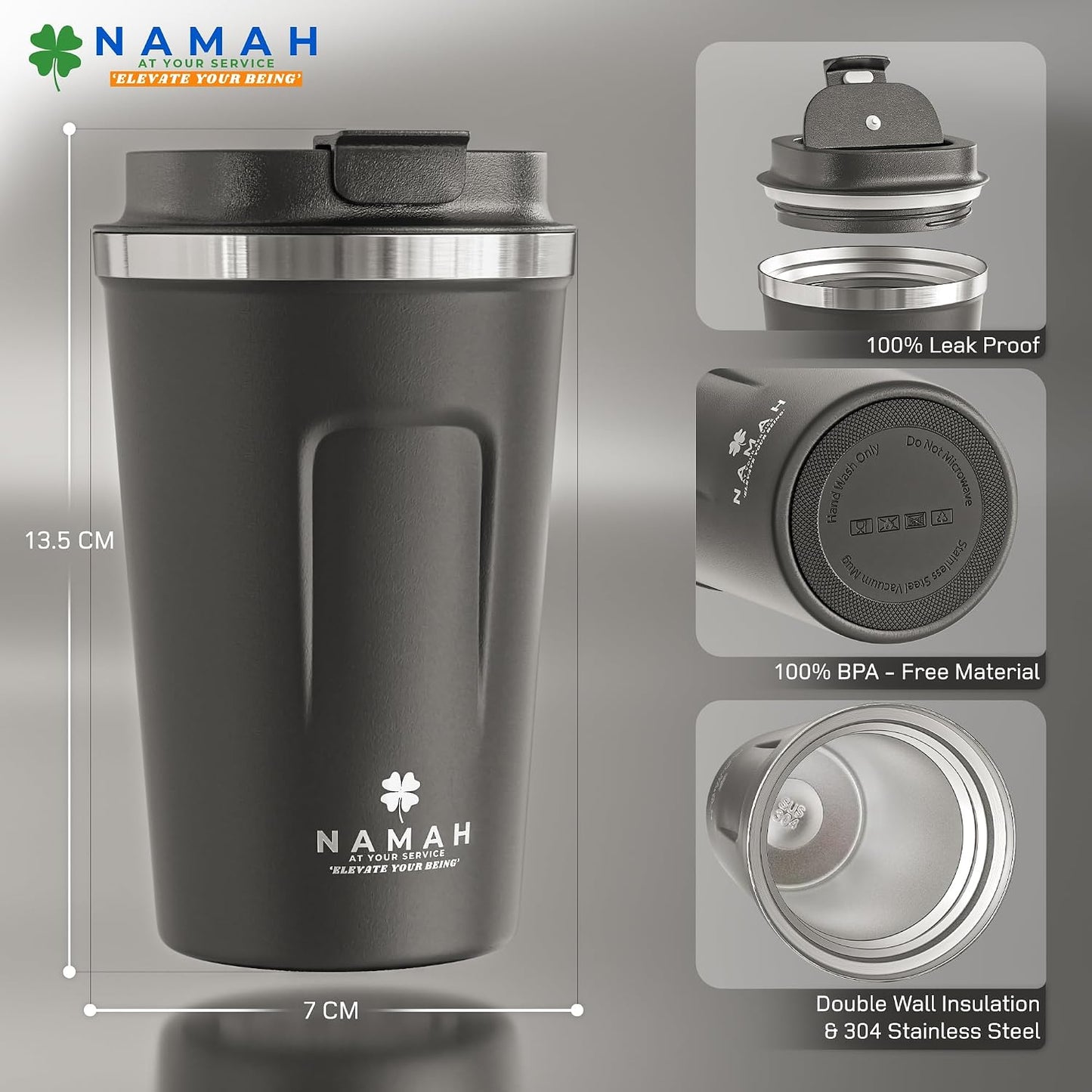 NAMAH® 12oz Insulated Stainless Steel Coffee Mug with Lid – Double Wall Vacuum Insulated Travel Cup for Hot & Cold Drinks – Leakproof Reusable Tumbler for Coffee, Tea & Cocoa – Tangy Vibe