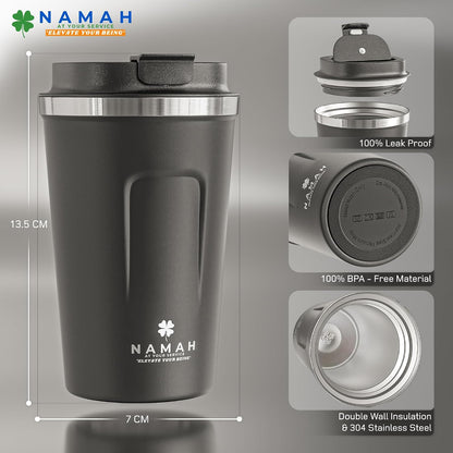 NAMAH® 12oz Insulated Stainless Steel Coffee Mug with Lid – Double Wall Vacuum Insulated Travel Cup for Hot & Cold Drinks – Leakproof Reusable Tumbler for Coffee, Tea & Cocoa – Tangy Vibe