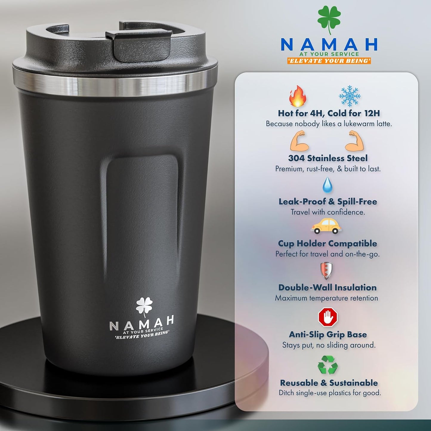 NAMAH® 12oz Insulated Stainless Steel Coffee Mug with Lid – Double Wall Vacuum Insulated Travel Cup for Hot & Cold Drinks – Leakproof Reusable Tumbler for Coffee, Tea & Cocoa – Tangy Vibe