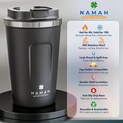 NAMAH® 12oz Insulated Stainless Steel Coffee Mug with Lid – Double Wall Vacuum Insulated Travel Cup for Hot & Cold Drinks – Leakproof Reusable Tumbler for Coffee, Tea & Cocoa – Tangy Vibe