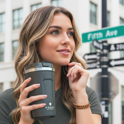 NAMAH® 12oz Insulated Stainless Steel Coffee Mug with Lid – Double Wall Vacuum Insulated Travel Cup for Hot & Cold Drinks – Leakproof Reusable Tumbler for Coffee, Tea & Cocoa – Tangy Vibe
