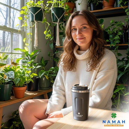 NAMAH® 12oz Insulated Stainless Steel Coffee Mug with Lid – Double Wall Vacuum Insulated Travel Cup for Hot & Cold Drinks – Leakproof Reusable Tumbler for Coffee, Tea & Cocoa – Tangy Vibe