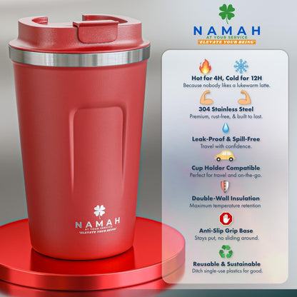 NAMAH® 12oz Insulated Stainless Steel Coffee Mug with Lid – Double Wall Vacuum Insulated Travel Cup for Hot & Cold Drinks – Leakproof Reusable Tumbler for Coffee, Tea & Cocoa – Tangy Vibe