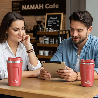 NAMAH® 12oz Insulated Stainless Steel Coffee Mug with Lid – Double Wall Vacuum Insulated Travel Cup for Hot & Cold Drinks – Leakproof Reusable Tumbler for Coffee, Tea & Cocoa – Tangy Vibe