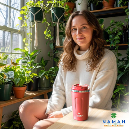 NAMAH® 12oz Insulated Stainless Steel Coffee Mug with Lid – Double Wall Vacuum Insulated Travel Cup for Hot & Cold Drinks – Leakproof Reusable Tumbler for Coffee, Tea & Cocoa – Tangy Vibe