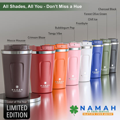NAMAH® 12oz Insulated Stainless Steel Coffee Mug with Lid – Double Wall Vacuum Insulated Travel Cup for Hot & Cold Drinks – Leakproof Reusable Tumbler for Coffee, Tea & Cocoa – Tangy Vibe