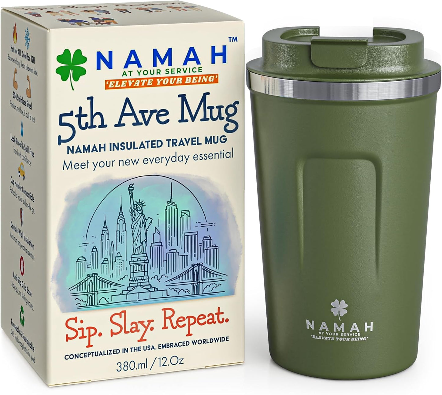 NAMAH® 12oz Insulated Stainless Steel Coffee Mug with Lid – Double Wall Vacuum Insulated Travel Cup for Hot & Cold Drinks – Leakproof Reusable Tumbler for Coffee, Tea & Cocoa – Tangy Vibe