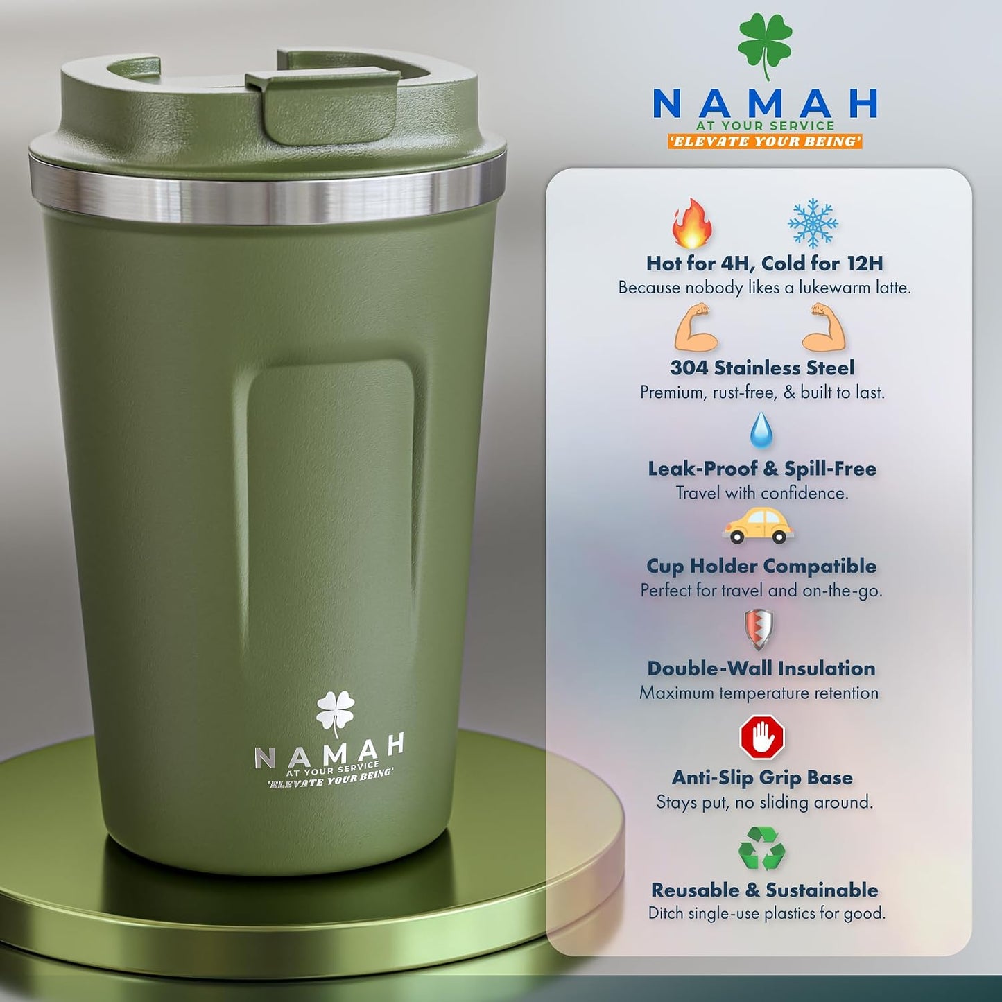 NAMAH® 12oz Insulated Stainless Steel Coffee Mug with Lid – Double Wall Vacuum Insulated Travel Cup for Hot & Cold Drinks – Leakproof Reusable Tumbler for Coffee, Tea & Cocoa – Tangy Vibe