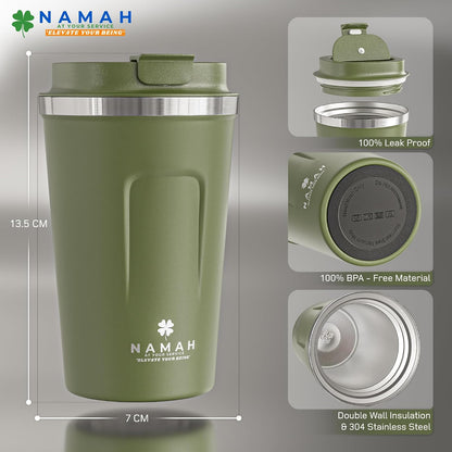 NAMAH® 12oz Insulated Stainless Steel Coffee Mug with Lid – Double Wall Vacuum Insulated Travel Cup for Hot & Cold Drinks – Leakproof Reusable Tumbler for Coffee, Tea & Cocoa – Tangy Vibe