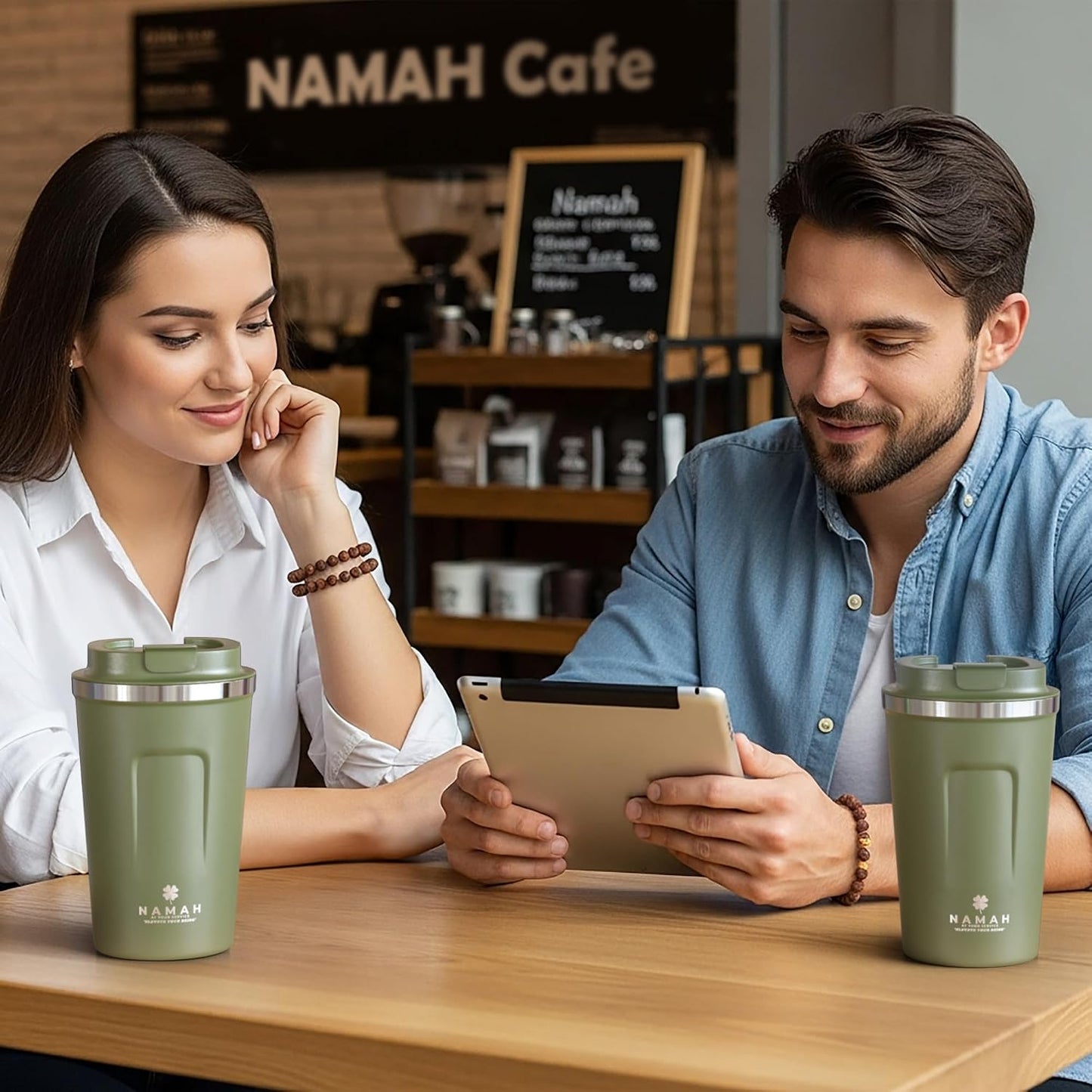 NAMAH® 12oz Insulated Stainless Steel Coffee Mug with Lid – Double Wall Vacuum Insulated Travel Cup for Hot & Cold Drinks – Leakproof Reusable Tumbler for Coffee, Tea & Cocoa – Tangy Vibe