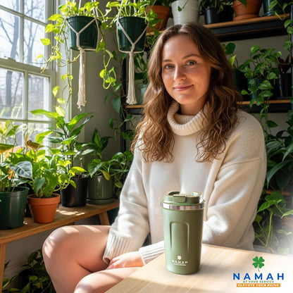 NAMAH® 12oz Insulated Stainless Steel Coffee Mug with Lid – Double Wall Vacuum Insulated Travel Cup for Hot & Cold Drinks – Leakproof Reusable Tumbler for Coffee, Tea & Cocoa – Tangy Vibe