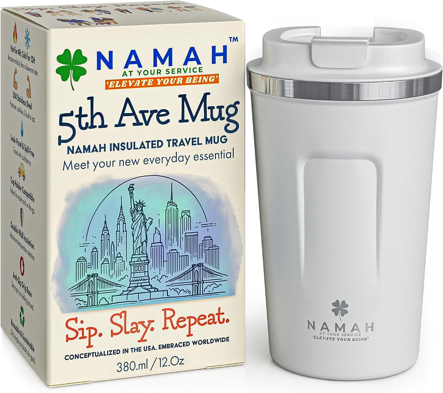 NAMAH® 12oz Insulated Stainless Steel Coffee Mug with Lid – Double Wall Vacuum Insulated Travel Cup for Hot & Cold Drinks – Leakproof Reusable Tumbler for Coffee, Tea & Cocoa – Tangy Vibe
