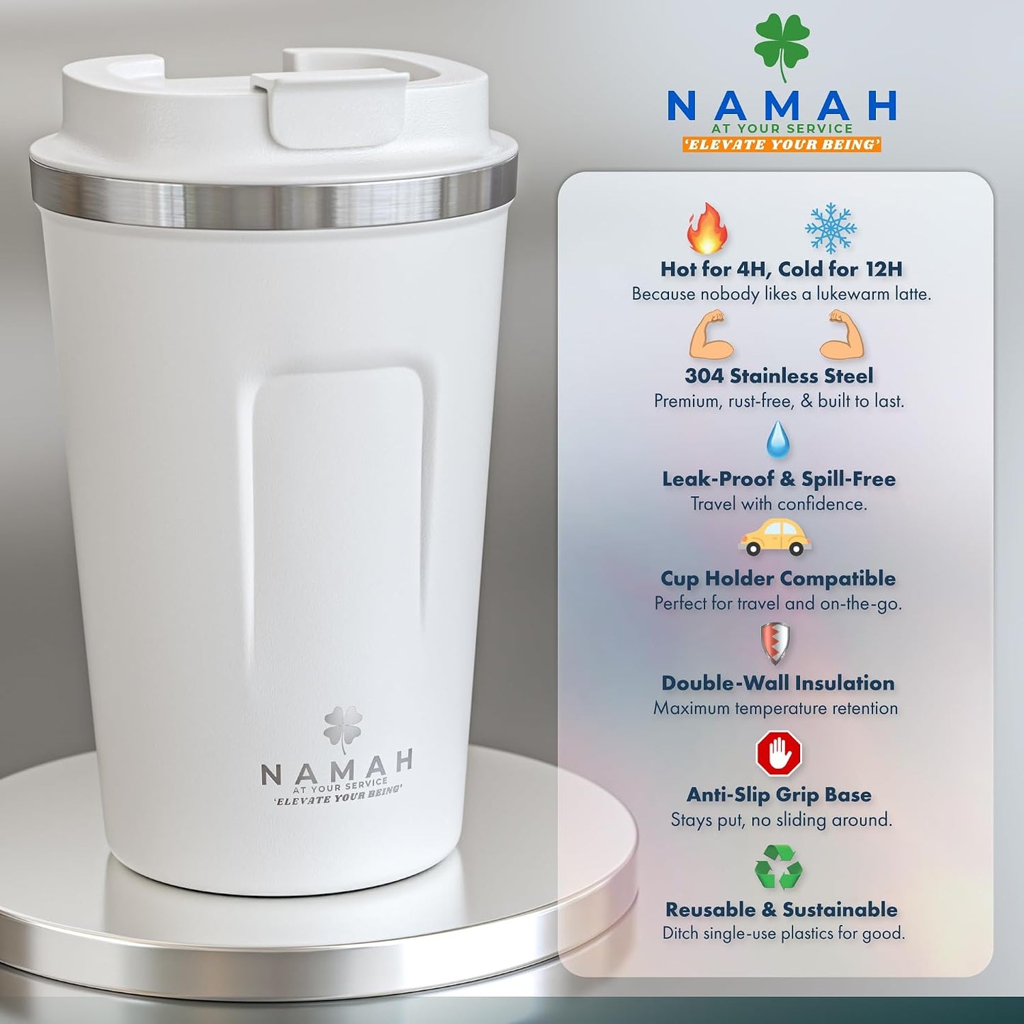 NAMAH® 12oz Insulated Stainless Steel Coffee Mug with Lid – Double Wall Vacuum Insulated Travel Cup for Hot & Cold Drinks – Leakproof Reusable Tumbler for Coffee, Tea & Cocoa – Tangy Vibe