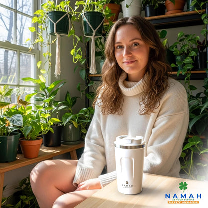 NAMAH® 12oz Insulated Stainless Steel Coffee Mug with Lid – Double Wall Vacuum Insulated Travel Cup for Hot & Cold Drinks – Leakproof Reusable Tumbler for Coffee, Tea & Cocoa – Tangy Vibe
