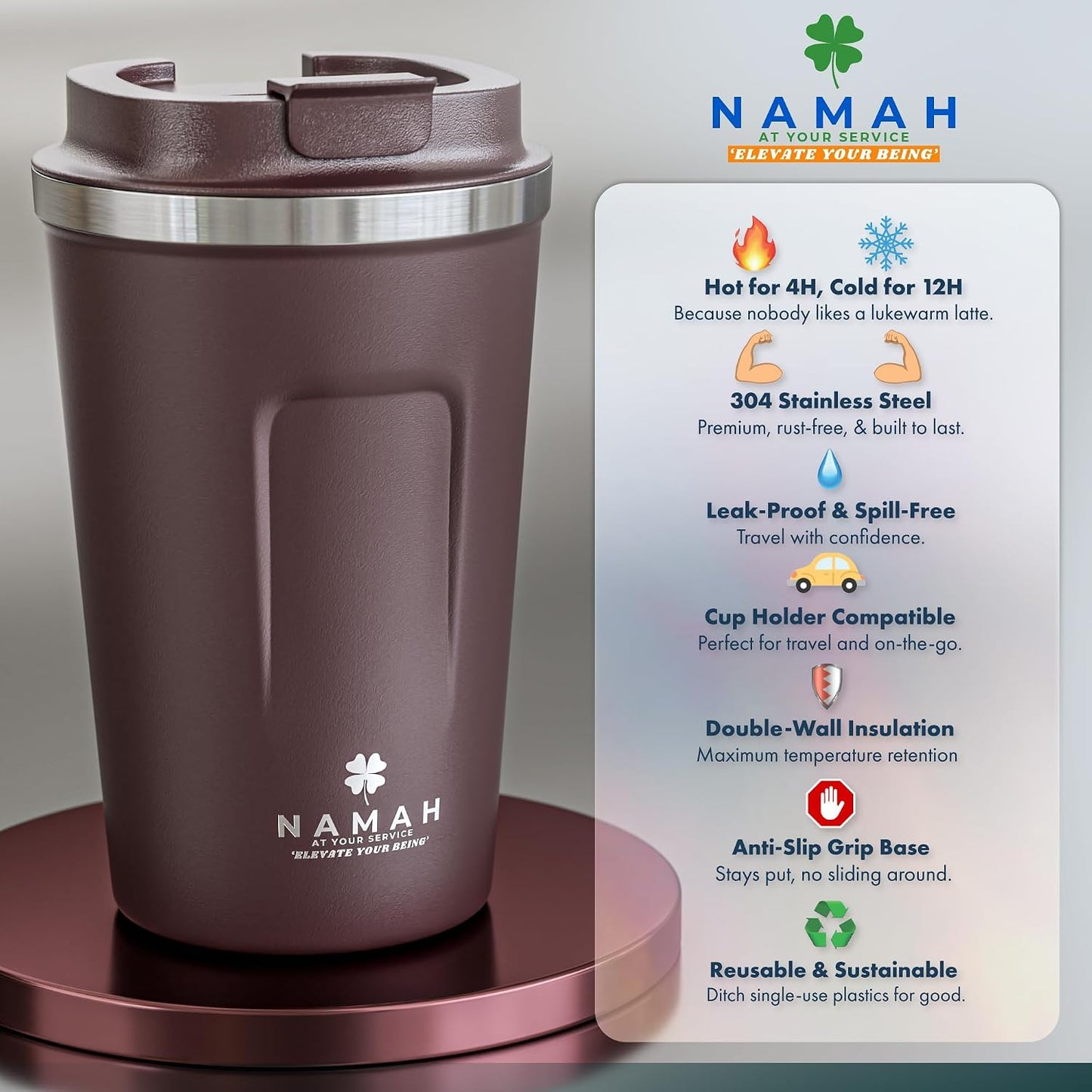 NAMAH® 12oz Insulated Stainless Steel Coffee Mug with Lid – Double Wall Vacuum Insulated Travel Cup for Hot & Cold Drinks – Leakproof Reusable Tumbler for Coffee, Tea & Cocoa – Tangy Vibe