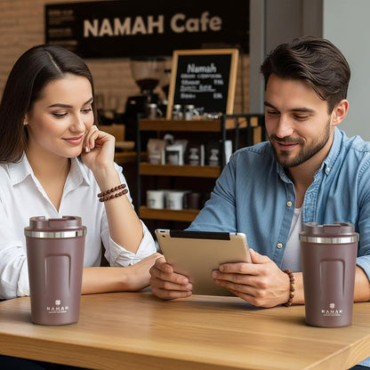 NAMAH® 12oz Insulated Stainless Steel Coffee Mug with Lid – Double Wall Vacuum Insulated Travel Cup for Hot & Cold Drinks – Leakproof Reusable Tumbler for Coffee, Tea & Cocoa – Tangy Vibe