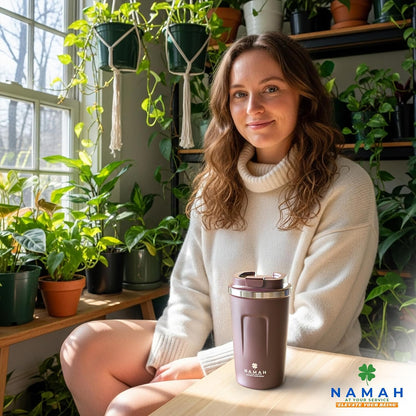 NAMAH® 12oz Insulated Stainless Steel Coffee Mug with Lid – Double Wall Vacuum Insulated Travel Cup for Hot & Cold Drinks – Leakproof Reusable Tumbler for Coffee, Tea & Cocoa – Tangy Vibe
