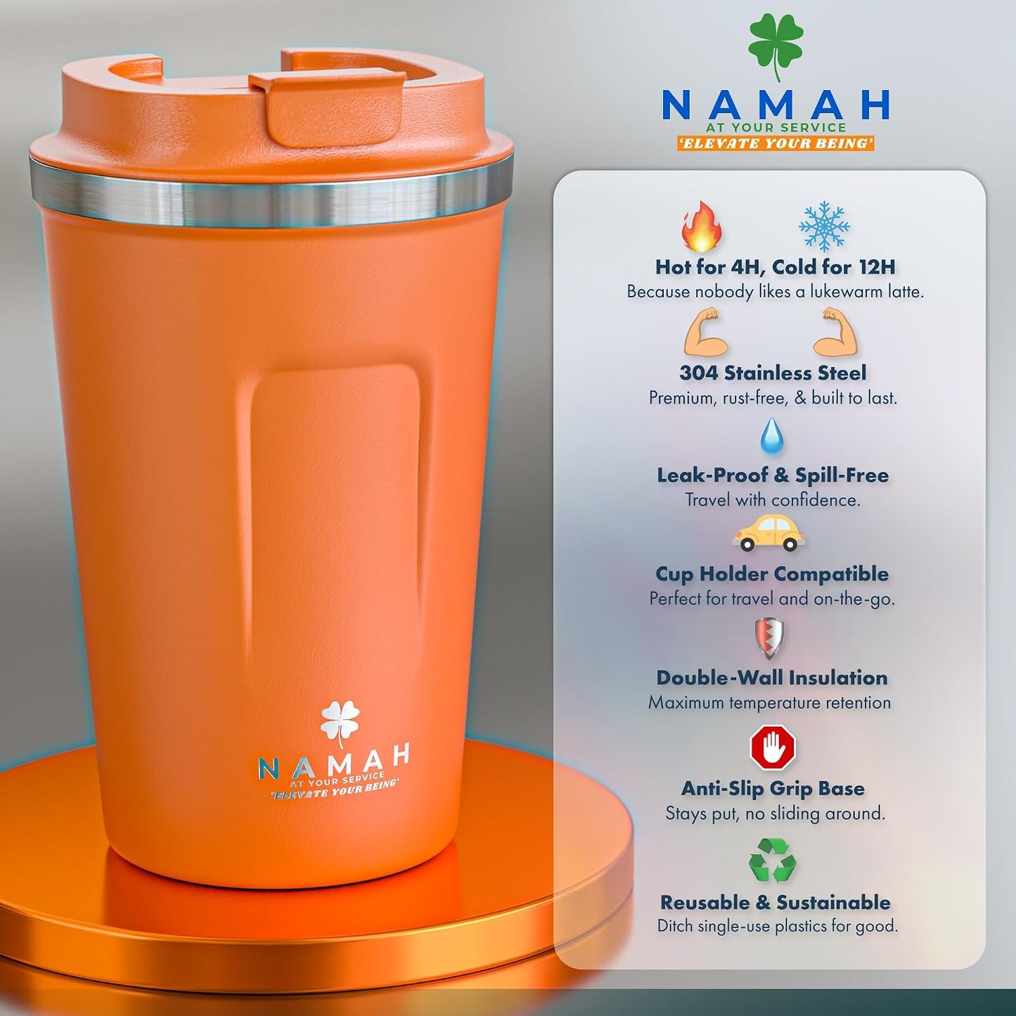 NAMAH® 12oz Insulated Stainless Steel Coffee Mug with Lid – Double Wall Vacuum Insulated Travel Cup for Hot & Cold Drinks – Leakproof Reusable Tumbler for Coffee, Tea & Cocoa – Tangy Vibe