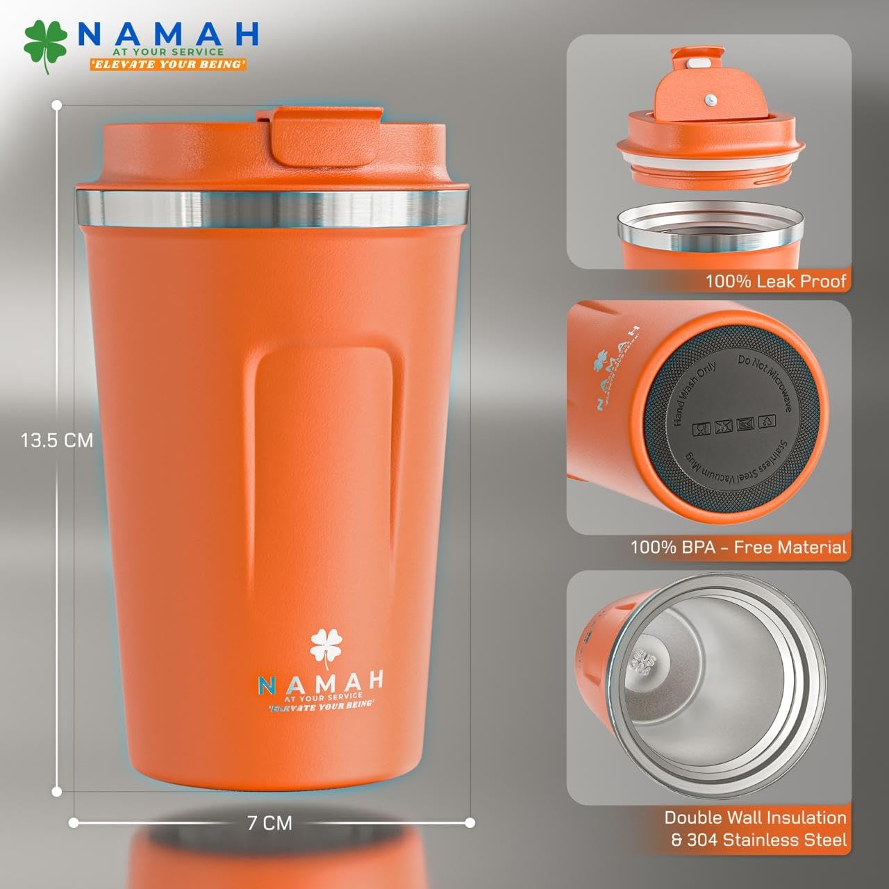 NAMAH® 12oz Insulated Stainless Steel Coffee Mug with Lid – Double Wall Vacuum Insulated Travel Cup for Hot & Cold Drinks – Leakproof Reusable Tumbler for Coffee, Tea & Cocoa – Tangy Vibe