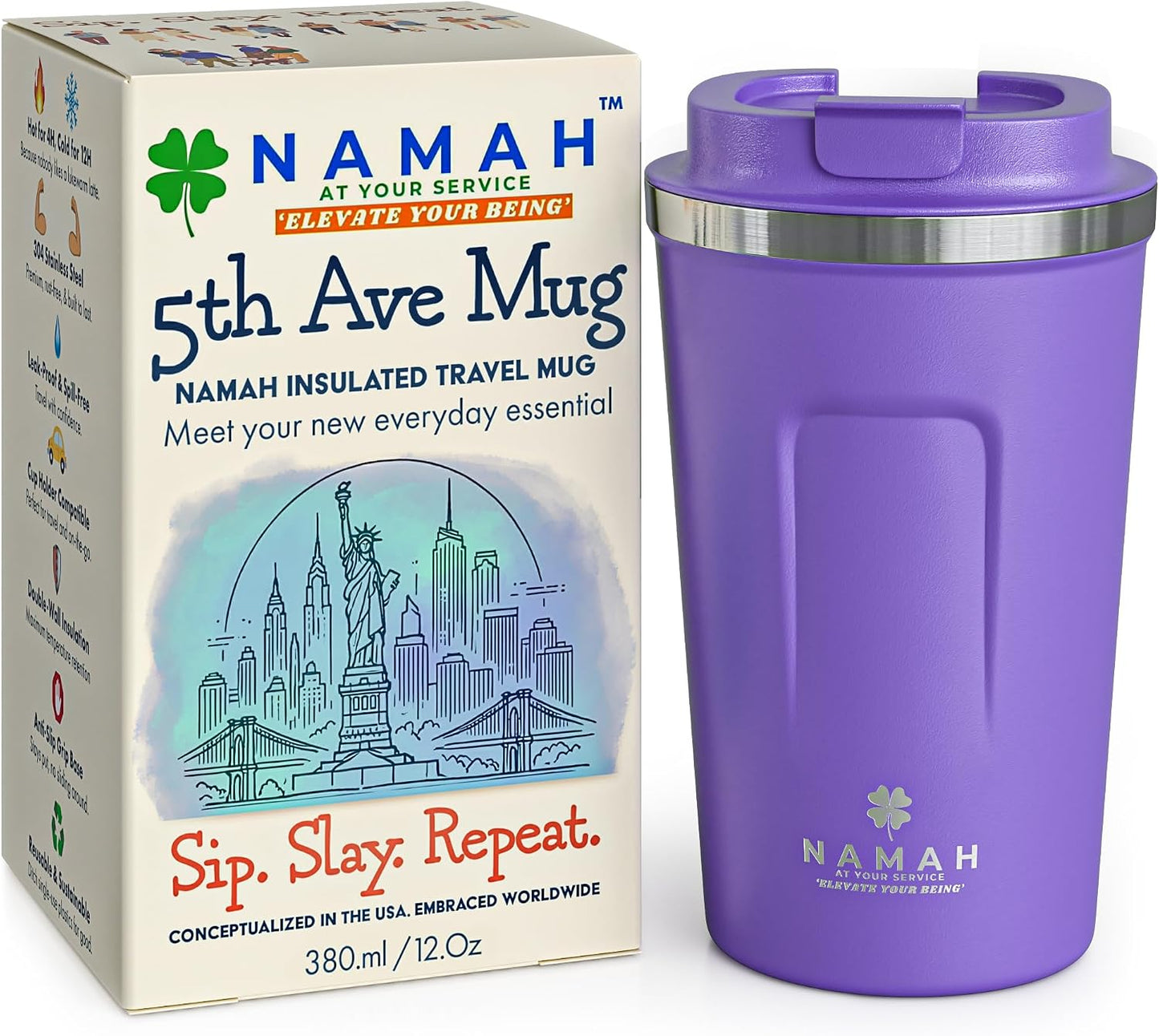 NAMAH® 12oz Insulated Stainless Steel Coffee Mug with Lid – Double Wall Vacuum Insulated Travel Cup for Hot & Cold Drinks – Leakproof Reusable Tumbler for Coffee, Tea & Cocoa – Tangy Vibe