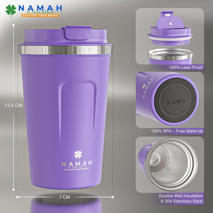 NAMAH® 12oz Insulated Stainless Steel Coffee Mug with Lid – Double Wall Vacuum Insulated Travel Cup for Hot & Cold Drinks – Leakproof Reusable Tumbler for Coffee, Tea & Cocoa – Tangy Vibe