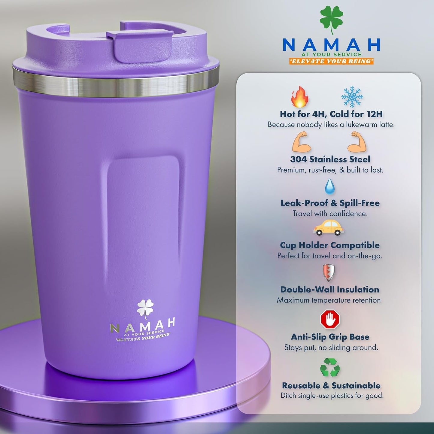 NAMAH® 12oz Insulated Stainless Steel Coffee Mug with Lid – Double Wall Vacuum Insulated Travel Cup for Hot & Cold Drinks – Leakproof Reusable Tumbler for Coffee, Tea & Cocoa – Tangy Vibe