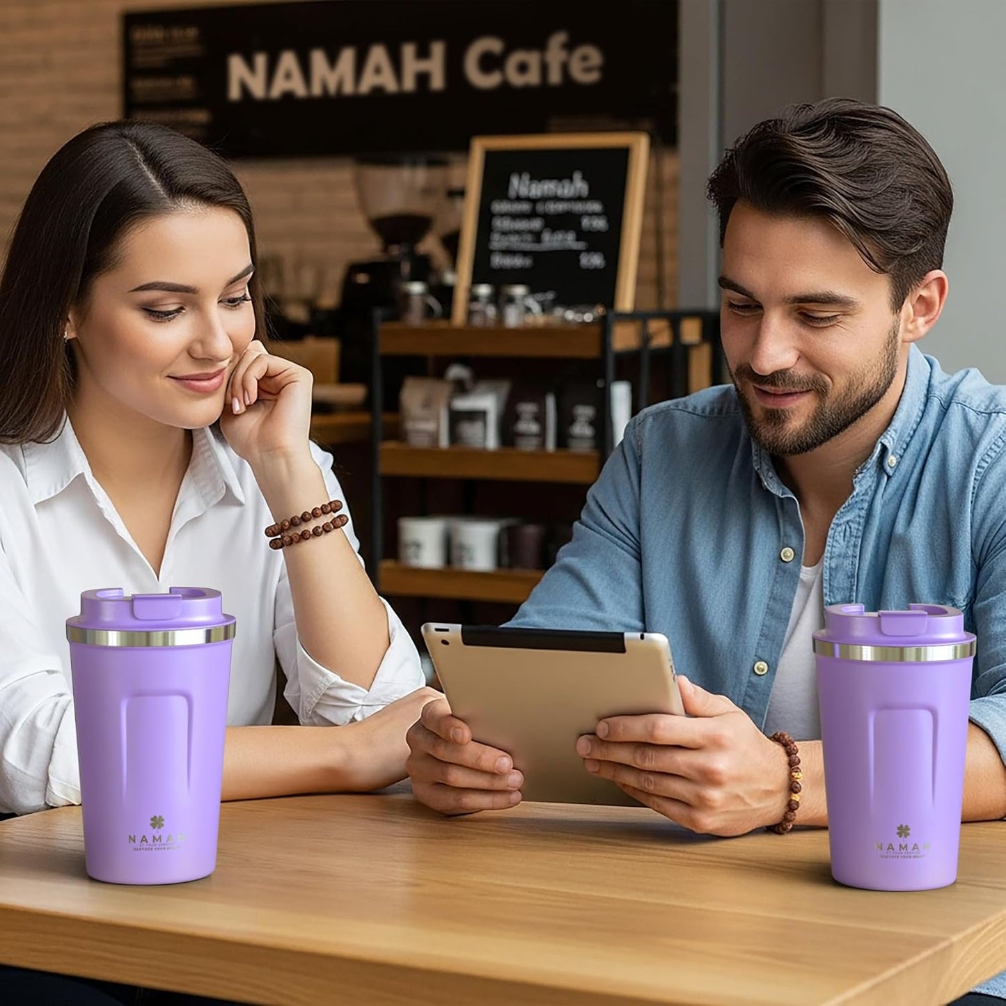 NAMAH® 12oz Insulated Stainless Steel Coffee Mug with Lid – Double Wall Vacuum Insulated Travel Cup for Hot & Cold Drinks – Leakproof Reusable Tumbler for Coffee, Tea & Cocoa – Tangy Vibe