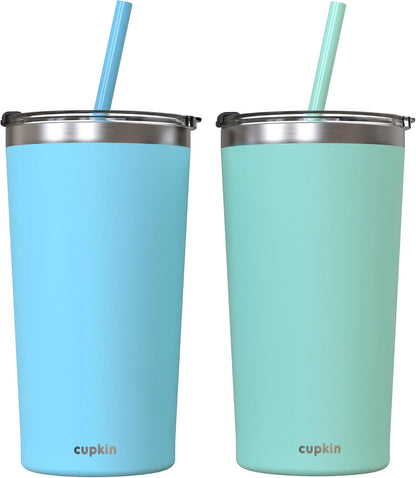 Stainless Steel Insulated Tumbler with Lid and Straw, 20 oz Stainless Steel Cups, Set of 2 Travel Coffee Mug for Adults, Iced Coffee Cup with Lid, Tumbler for Travel (Coral + Yellow)