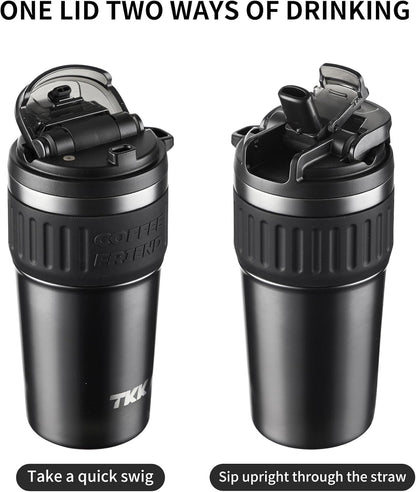 Insulated Coffee Mug with Ceramic Coating, 21oz Iced Coffee Tumbler Cup with Straw Lid Double Wall Vacuum Leak Proof Travel Mug with Strap for Hot and Iced Beverage, Tungsten Steel