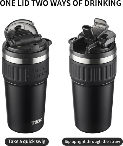 Insulated Coffee Mug with Ceramic Coating, 21oz Iced Coffee Tumbler Cup with Straw Lid Double Wall Vacuum Leak Proof Travel Mug with Strap for Hot and Iced Beverage, Tungsten Steel