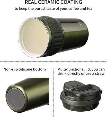 Insulated Coffee Mug with Ceramic Coating, 21oz Iced Coffee Tumbler Cup with Straw Lid Double Wall Vacuum Leak Proof Travel Mug with Strap for Hot and Iced Beverage, Tungsten Steel