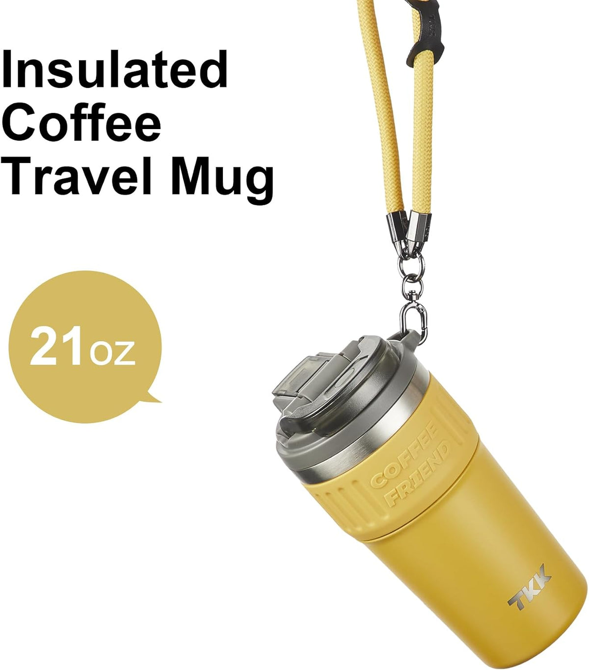Insulated Coffee Mug with Ceramic Coating, 21oz Iced Coffee Tumbler Cup with Straw Lid Double Wall Vacuum Leak Proof Travel Mug with Strap for Hot and Iced Beverage, Tungsten Steel