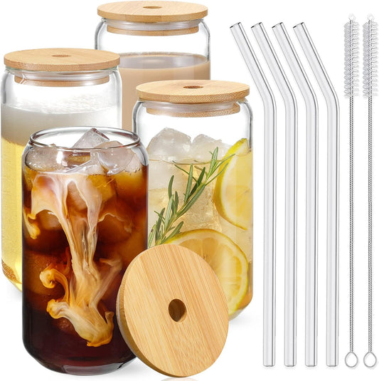 Drinking Glasses with Bamboo Lids and Glass Straw - 16oz Glass Cups, Iced Coffee Glasses, Cute iced Tea Glasses, Beer Glasses, Ideal for Coffee Bar Accessories, Aesthetic Gift - 2 Brushes