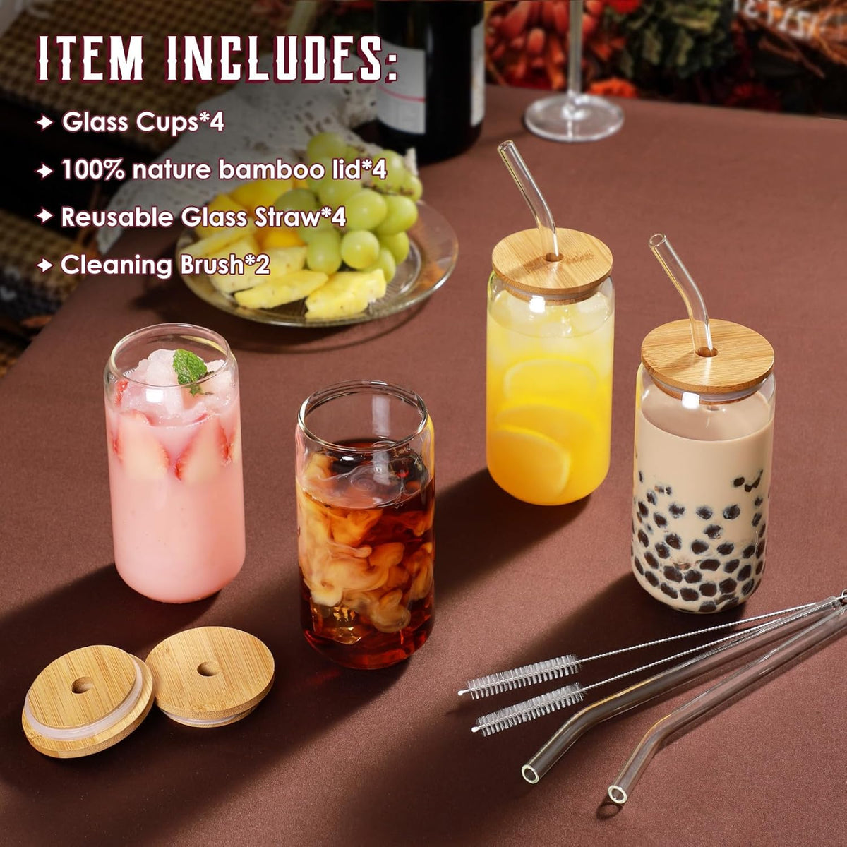 Drinking Glasses with Bamboo Lids and Glass Straw - 16oz Glass Cups, Iced Coffee Glasses, Cute iced Tea Glasses, Beer Glasses, Ideal for Coffee Bar Accessories, Aesthetic Gift - 2 Brushes