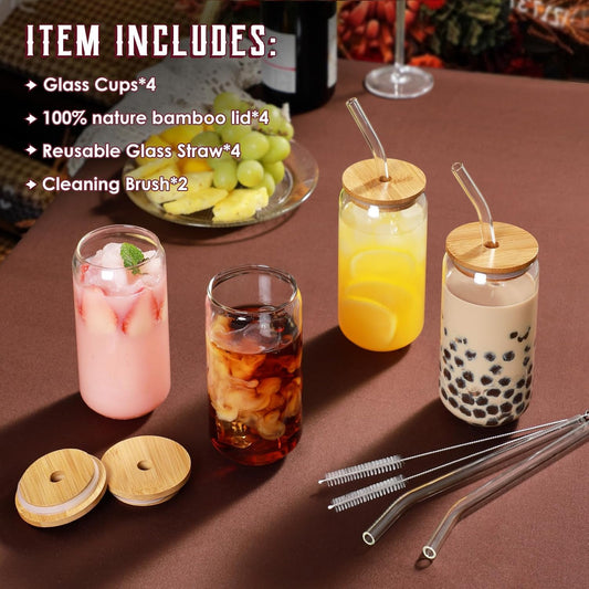 Drinking Glasses with Bamboo Lids and Glass Straw - 16oz Glass Cups, Iced Coffee Glasses, Cute iced Tea Glasses, Beer Glasses, Ideal for Coffee Bar Accessories, Aesthetic Gift - 2 Brushes
